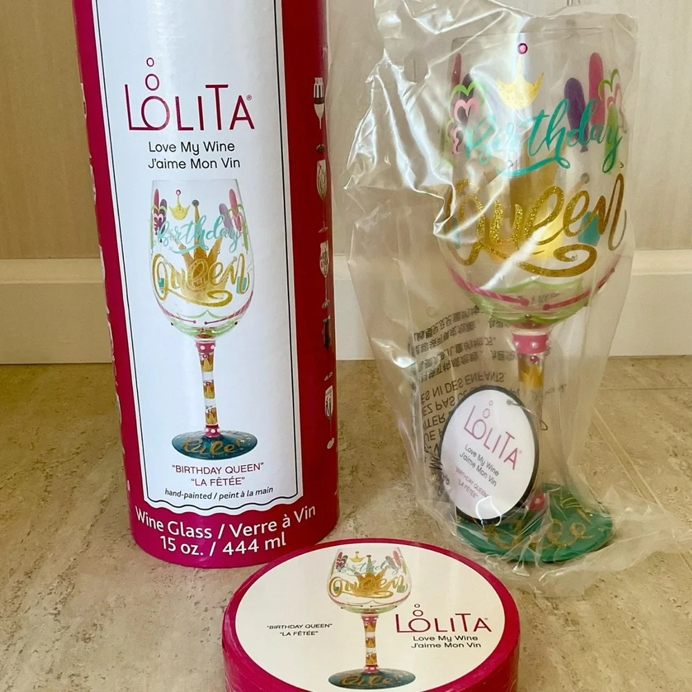 Lolita Handpainted Birthday Wine Glass with Gold and Purple Accents